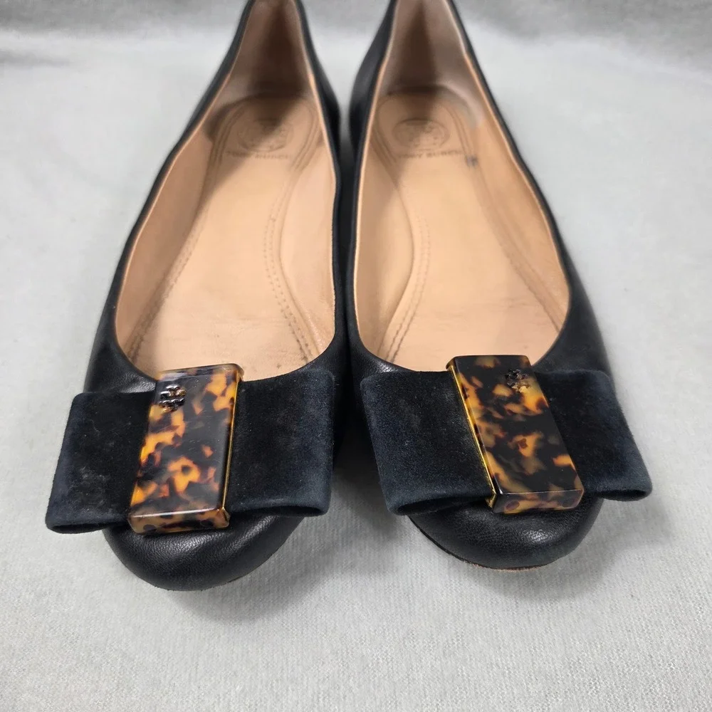 Tory Burch Black Leather Ballet Flats Tortoiseshell Bow Logo Buckle Womens 6M